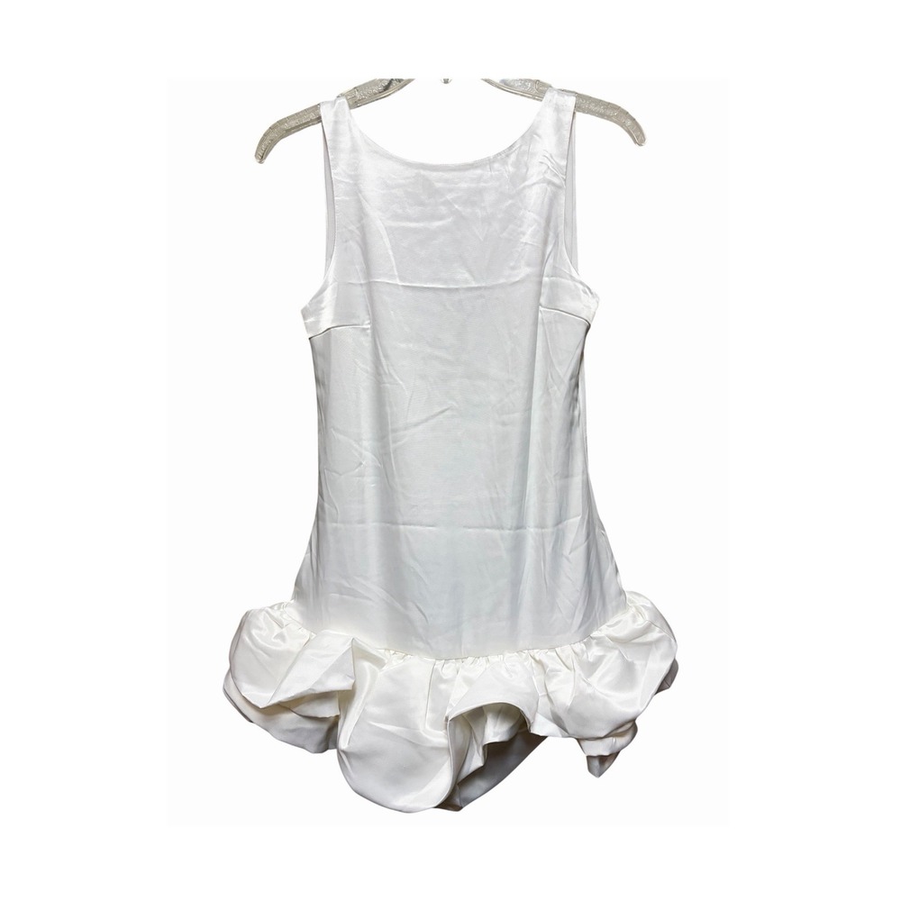 White Satin Romper Sleeveless Scoop Neck Ruffle Hem Zip Closure Size XS